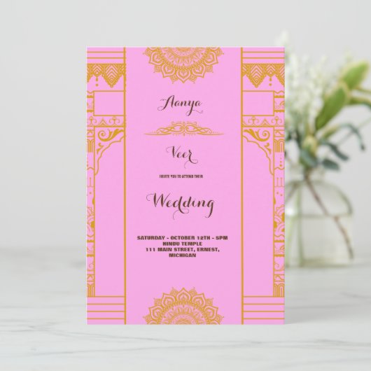 Invitation moderne Elegant or mandala Mariage rose (Debout devant)