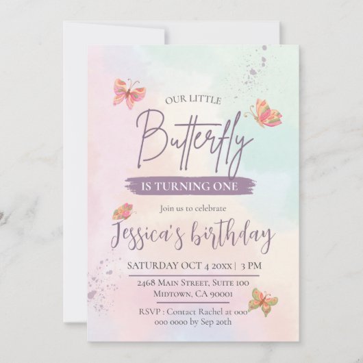 Invitation Moderne élégant papillon mignon thème 1er annivers (Devant)