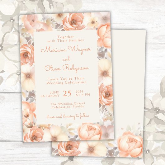 Invitation Moderne Elégant Pêche Beige Floral Mariage