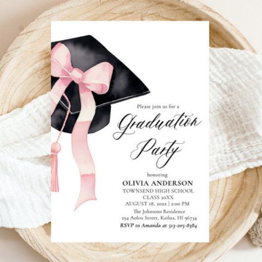 Invitation Moderne Elégant Pink Bow Graduation Cap Graduation