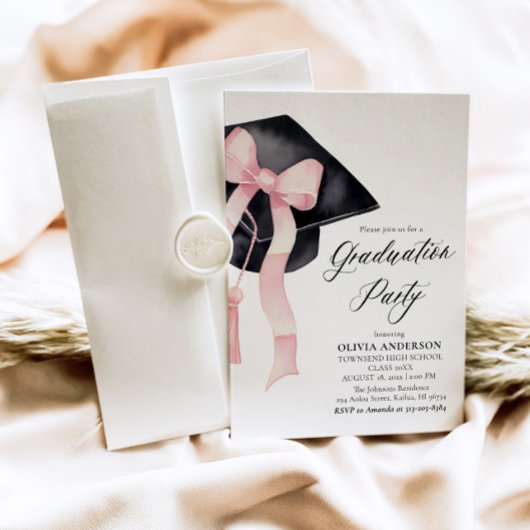 Invitation Moderne Elégant Pink Bow Graduation Cap Graduation