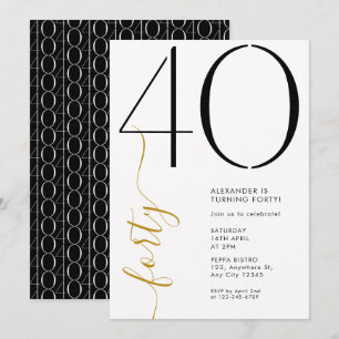 Invitation Moderne Élégant Quarante Noir Blanc 40e Anniversai