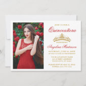 Invitation Moderne Elegant Red Gold Crown Photo Quinceanera (Devant)