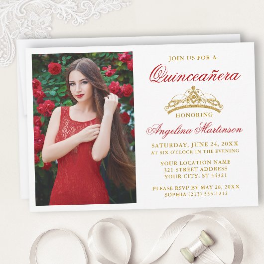 Invitation Moderne Elegant Red Gold Crown Photo Quinceanera