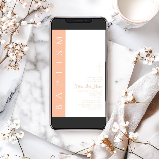Invitation Moderne Élégant rose Croix Religieuse Baptême