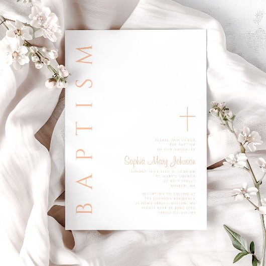 Invitation Moderne Élégant rose Croix Religieuse Fille Baptêm