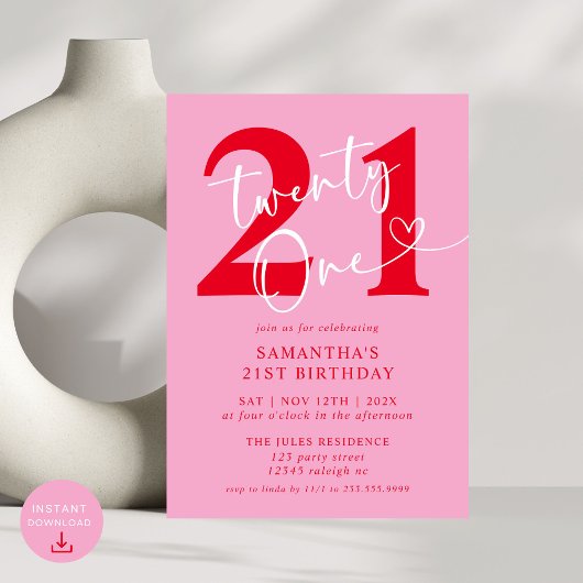 Invitation Moderne Elegant Rose Rouge 21ème anniversaire