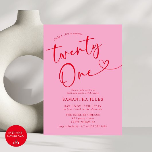 Invitation Moderne Elegant Rose Rouge 21ème anniversaire