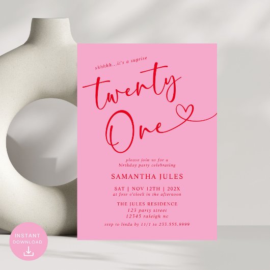 Invitation Moderne Elegant Rose Rouge 21ème anniversaire