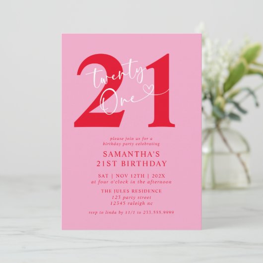 Invitation Moderne Elegant Rose Rouge 21ème anniversaire (Debout devant)