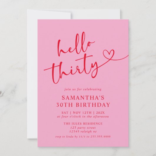Invitation Moderne Elegant Rose Rouge Hello 30e fête d'annive (Devant)