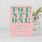 Invitation Moderne Elégant rose vert gras 21e anniversaire (Debout devant)