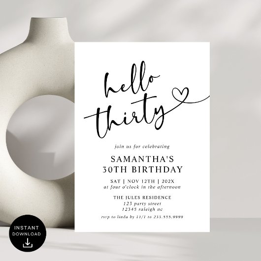 Invitation Moderne Elegant Rouge Blanc Bonjour 30e fête d'ann