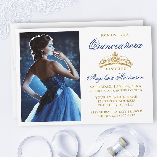 Invitation Moderne Elégant Royal Blue Gold Crown Quinceanera