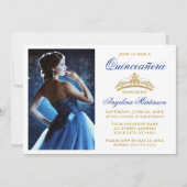 Invitation Moderne Elégant Royal Blue Gold Crown Quinceanera (Devant)