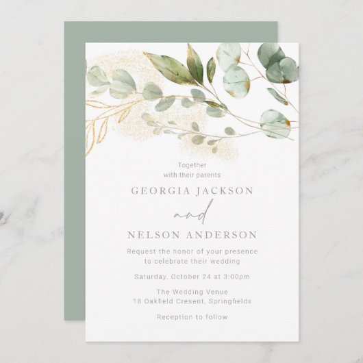 Invitation Moderne Elegant Sage Green Feuille Mariage (Devant / Derrière)