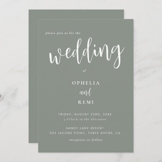 Invitation Moderne Élégant Sage Vert Simple Mariage (Devant / Derrière)