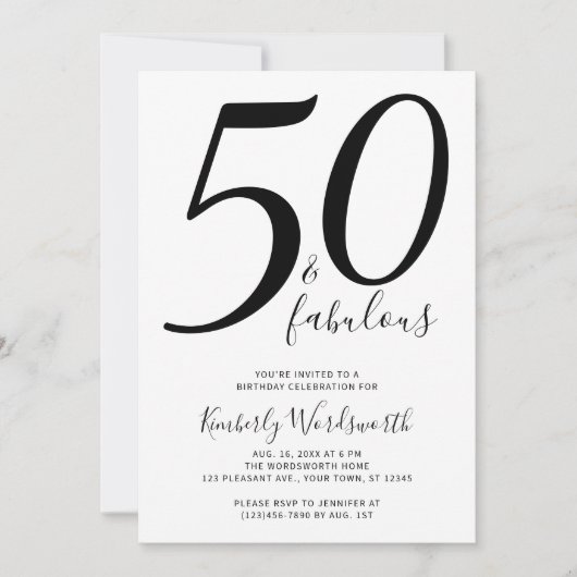 Invitation Moderne Élégant Script 50 Fantastique Cinquantième (Devant)