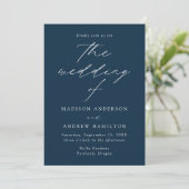 Invitation Moderne Élégant Script Marine Photo Mariage (Debout devant)