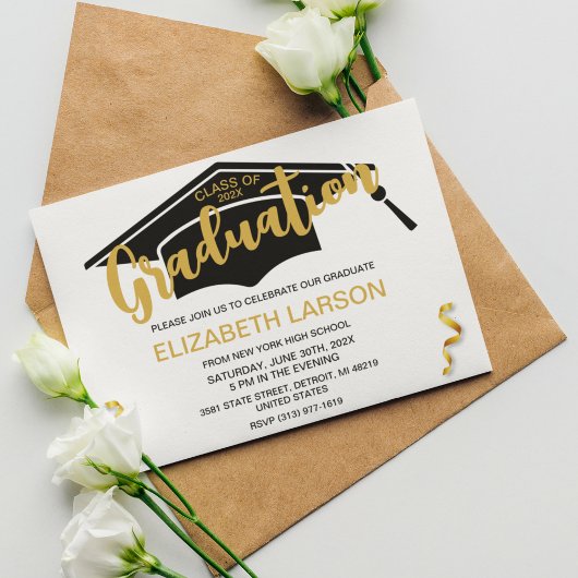 Invitation Moderne Elégant Senior Golden Black Graduation