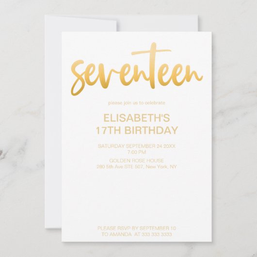 Invitation Moderne Elégant Simple Blanc/Or 17 Anniversaire (Devant)
