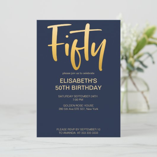 Invitation Moderne Elégant Simple Bleu 50e fête d'anniversair (Debout devant)