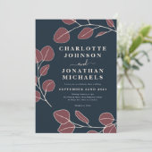 Invitation Moderne Élégant Simple Feuille Bleu Bourgogne (Debout devant)