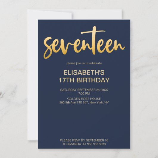 Invitation Moderne Elégant Simple Navy Bleu 17 Anniversaire (Devant)