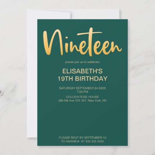 Invitation Moderne Élégant Simple Vert 19 Anniversaire Fête (Devant)