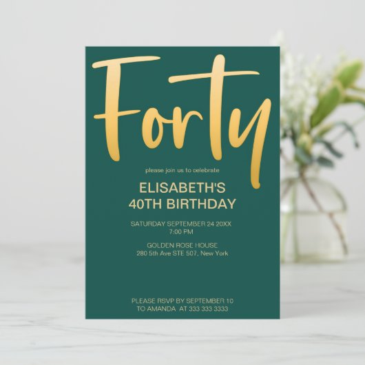 Invitation Moderne Élégant Simple Vert 40ème anniversaire (Debout devant)