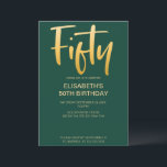 Invitation Moderne Élégant Simple Vert 50ème anniversaire<br><div class="desc">Introduisez une nouvelle invitation moderne et élégante à la fête du 50ème anniversaire,  arrière - plan vert émeraude avec la couleur or texte de typographie manuscrite "cinquante". Customisez cette carte de modèle en ajoutant vos propres informations de fête.</div>