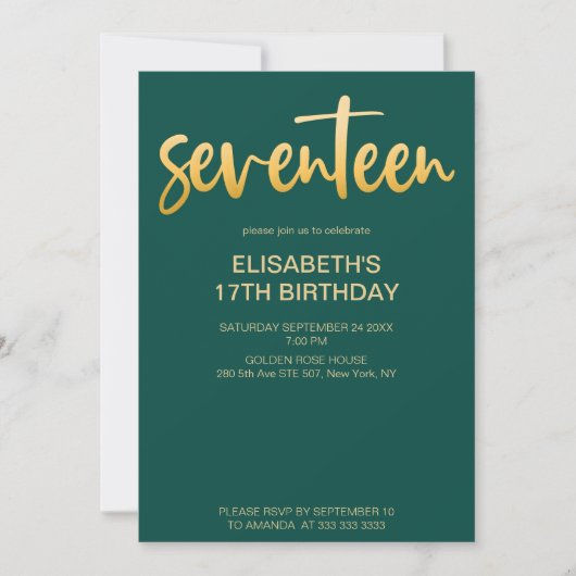 Invitation Moderne Élégant Simple Vert/Or 17 Anniversaire (Devant)