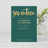 Invitation Moderne Élégant Simple Vert/Or 17 Anniversaire (Debout devant)