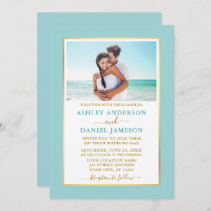 Invitation Moderne Elegant Turquoise Blue Gold Mariage