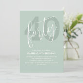 Invitation Moderne Élégant Vert Clair Blanc Script 40ème (Debout devant)
