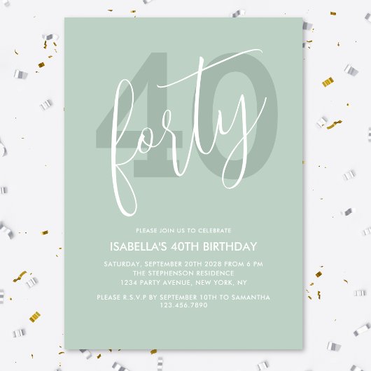 Invitation Moderne Élégant Vert Clair Blanc Script 40ème