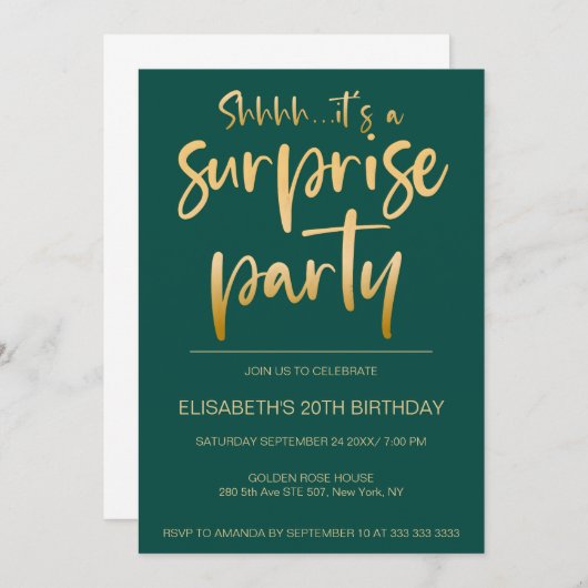 Invitation Moderne Elegant Vert Or Surprise fête d'anniversai (Devant / Derrière)