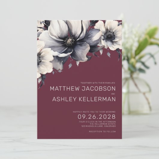 Invitation Moderne Elégante Bourgogne Rouge Floral Mariage (Debout devant)