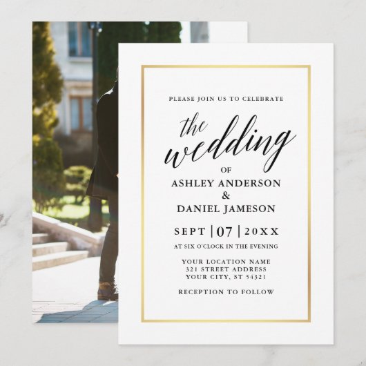 Invitation Moderne Élégante calligraphie Mariage Gold Photo R (Devant / Derrière)