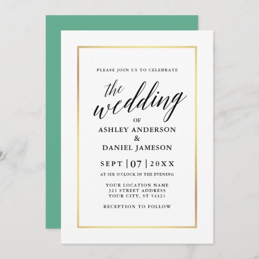 Invitation Moderne Elégante Calligraphie Mariage Neo Mint Gol (Devant / Derrière)