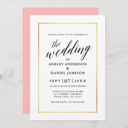 Invitation Moderne Élégante calligraphie Mariage Or rose (Devant / Derrière)