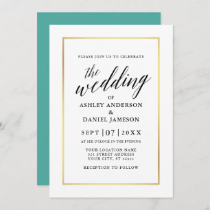 Invitation Moderne Élégante calligraphie Mariage Turquoise Or