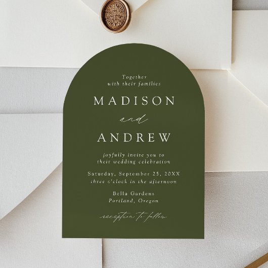 Invitation Moderne Élégante Écriture Arc de Mariage Vert Oliv