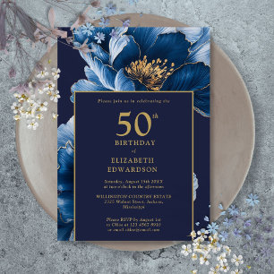 Invitation Moderne élégante florale bleu marine pour annivers