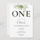 Invitation Moderne Elégante verdure florale 1er anniversaire (Devant)