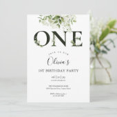 Invitation Moderne Elégante verdure florale 1er anniversaire (Debout devant)