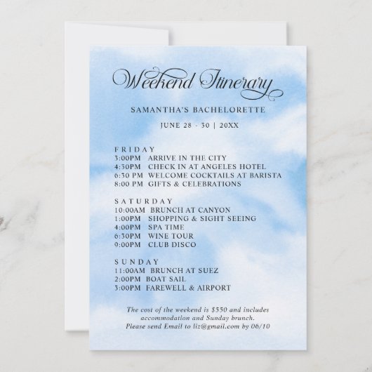 Invitation Moderne Elle Est Sur Cloud 9 Bachelorette Week-end (Dos)