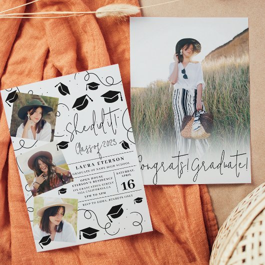 Invitation Moderne Elle l'a fait noir et blanc diplôme de pho