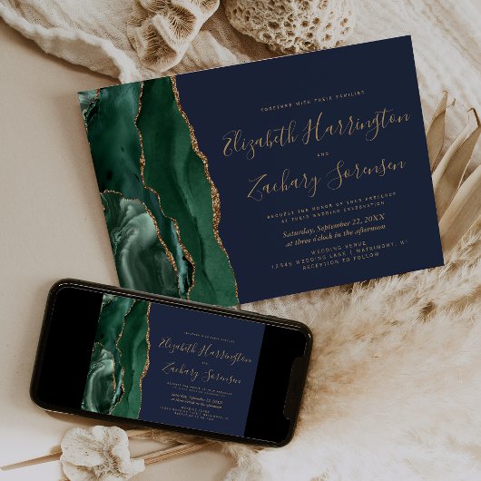 Invitation Moderne Emerald Green Gold Agate Marine Blue Maria