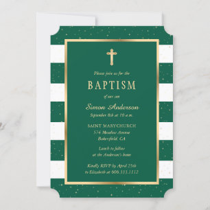 Invitation Moderne Emerald Green Gold Cross Stars Baptême